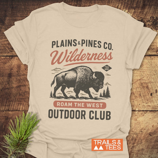 Buffalo Wilderness Club T-Shirt featuring a vintage bison print, crafted from lightweight ring-spun cotton for comfort and durability, perfect for outdoor enthusiasts.