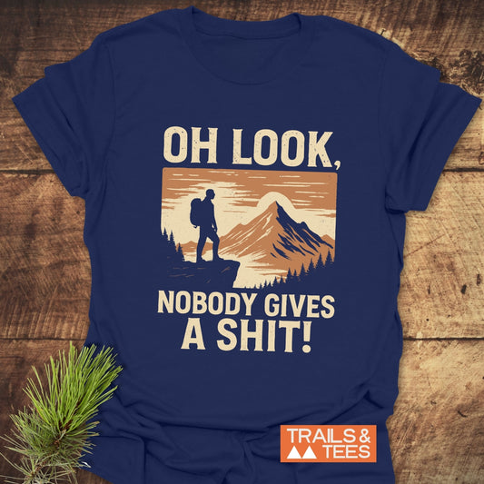 Oh Look! Retro T-Shirt featuring a backpacker design and bold text, highlighting outdoor spirit; made from soft, durable cotton for adventure-ready comfort.
