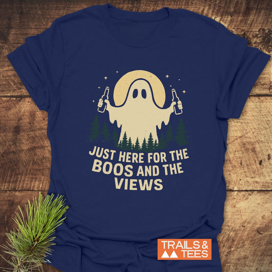 Boos And Views Halloween T-Shirt with a ghost and beer design, crafted from soft cotton for comfort, perfect for outdoor adventures.