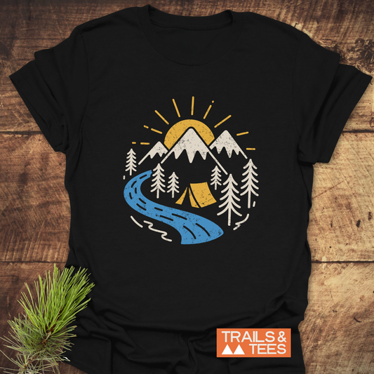 Camping Love T-Shirt: Black tee featuring a stylized outdoor scene with mountains, pine trees, and a campsite. Made from soft, durable cotton for everyday adventure.