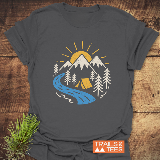 Camping Love T-Shirt featuring a distressed outdoor scene with mountains, river, trees, and tent, on soft, lightweight cotton for adventures. Orange TRAILS & TEES. label.