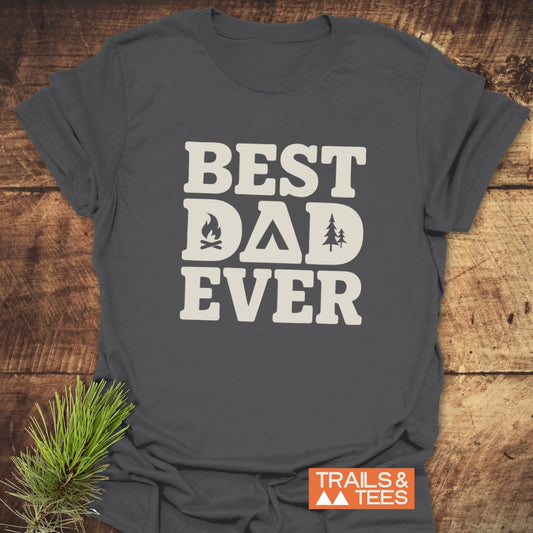 Charcoal-gray 'Best Dad Ever' Camping T-Shirt with tent, campfire, and pine tree icons, featuring soft cotton fabric and durable prints.