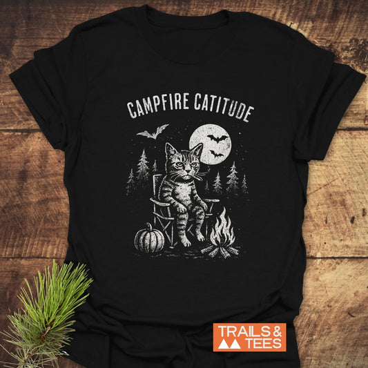 Campfire Catitude T-Shirt featuring a cat camping scene with durable print, crafted from soft, lightweight cotton for comfort and adventure by TRAILS & TEES.