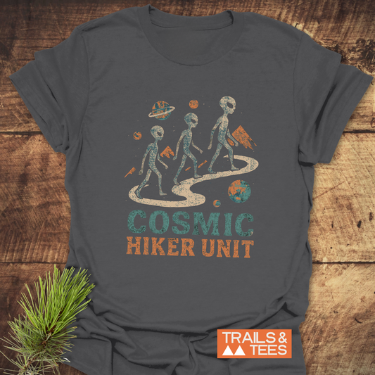 Cosmic Hiker Unit T-Shirt with vintage alien graphic, crafted from soft ring-spun cotton. Features durable print, taped shoulders, and pre-shrunk fit.