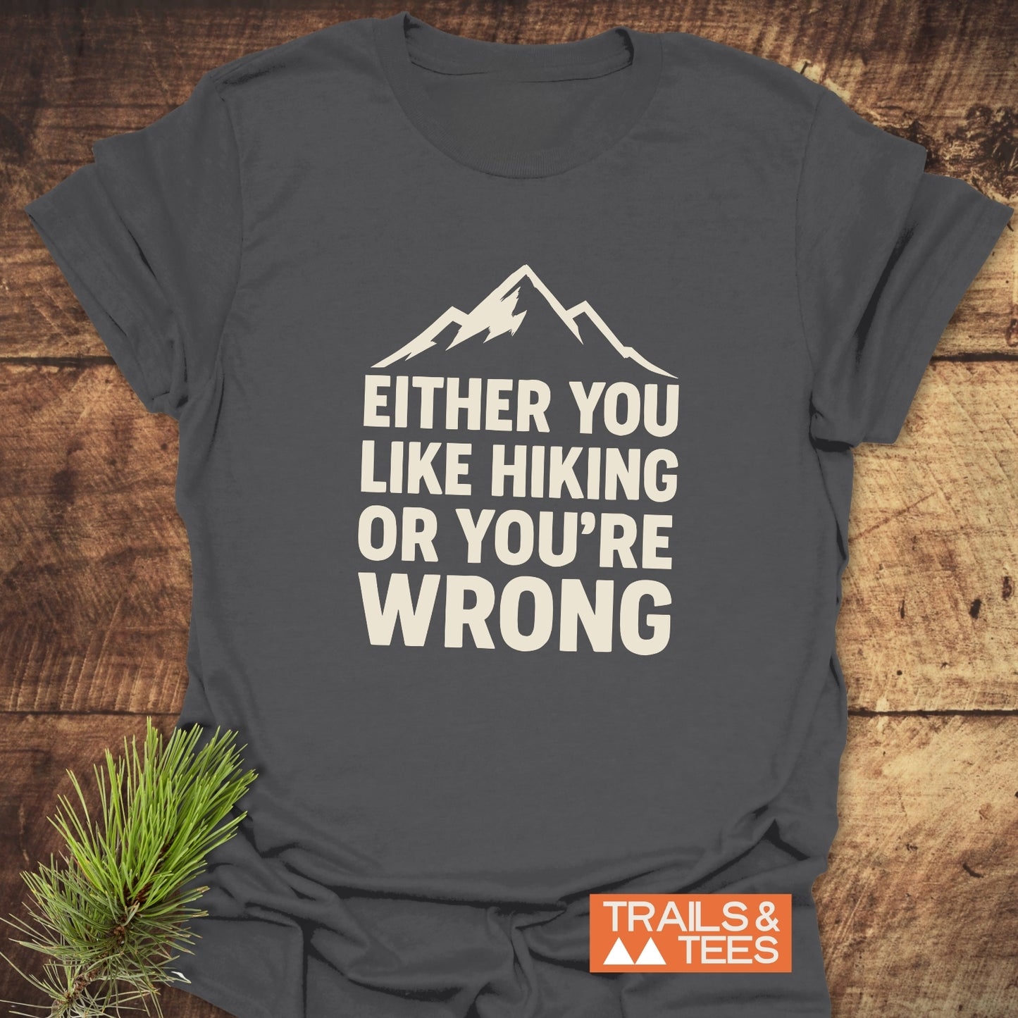 Either You Like Hiking T-Shirt featuring mountain outline and bold slogan, crafted from soft cotton, with durable prints and designed for outdoor enthusiasts.