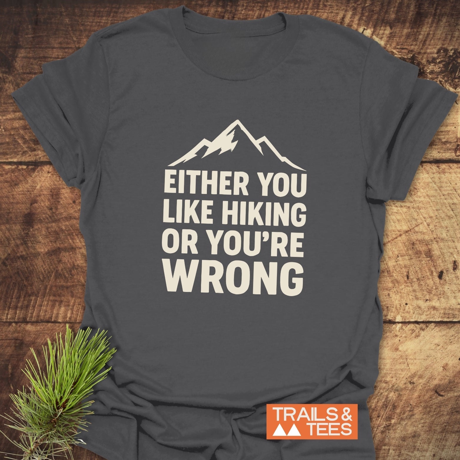 Either You Like Hiking T-Shirt featuring mountain outline and bold slogan, crafted from soft cotton, with durable prints and designed for outdoor enthusiasts.