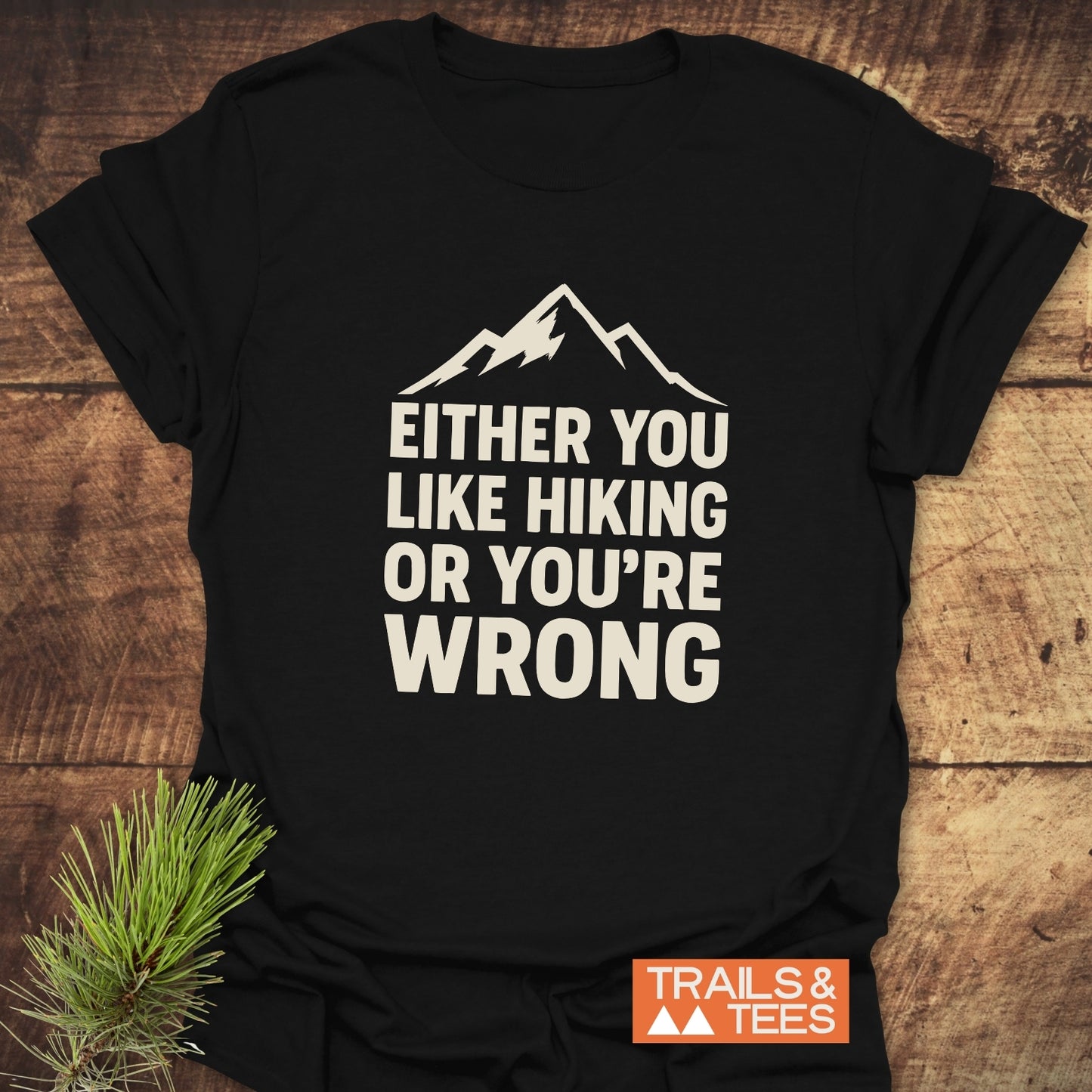Black T-shirt with mountain silhouette and EITHER YOU LIKE HIKING OR YOU’RE WRONG text. Includes TRAILS & TEES. logo. Made from soft, durable cotton.
