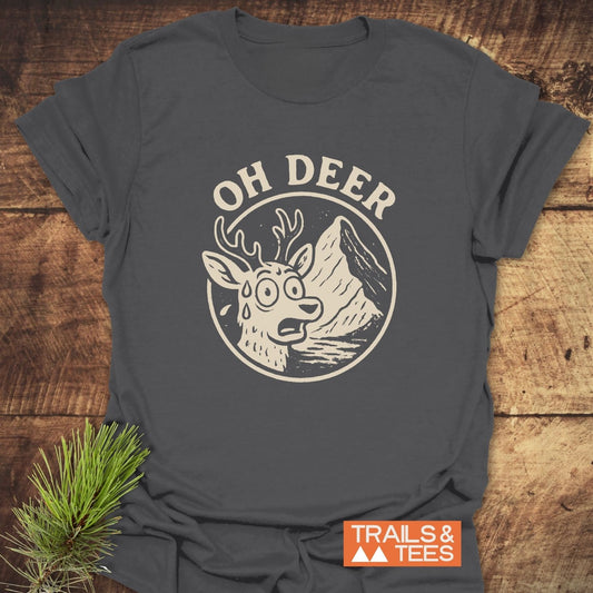 Oh Deer Funny Hiking T-Shirt with a cartoon deer graphic, perfect for outdoor enthusiasts. Made from soft cotton, featuring durable prints and a comfortable fit.