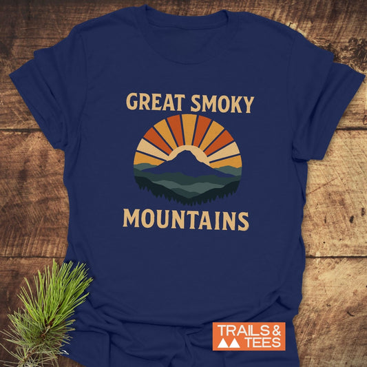 Great Smoky Mountains T-Shirt featuring a retro mountain graphic with sunburst, crafted from soft cotton for comfort and durability, perfect for outdoor enthusiasts.