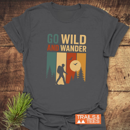 Go Wild T-Shirt featuring a hiker silhouette amidst multicolor panels, crafted from soft cotton, perfect for outdoor enthusiasts seeking comfort and style.