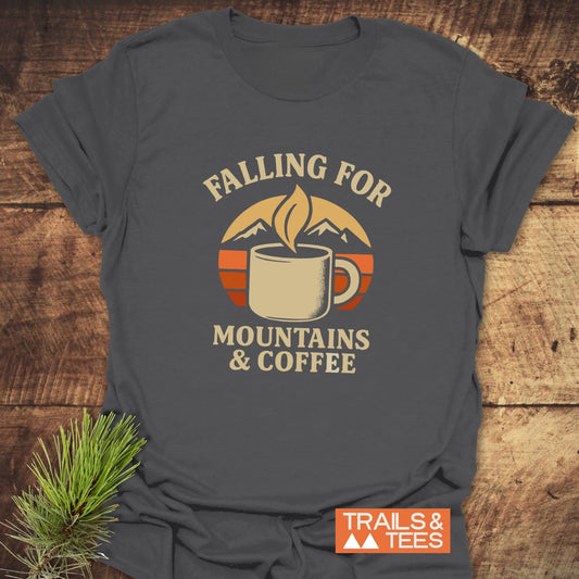 Falling For T-Shirt with retro coffee and mountain graphic, crafted from soft ring-spun cotton, showcasing durable prints and outdoor-inspired design.