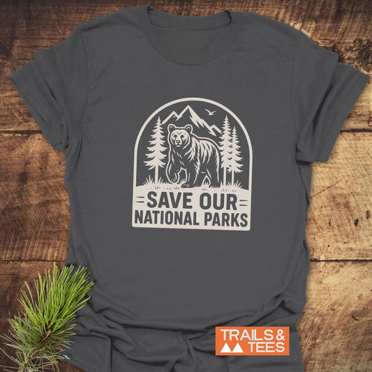 Save National Parks T-Shirt featuring a bear and mountain graphic, crafted from lightweight cotton for adventure-ready comfort. Durable prints, pre-shrunk fit, eco-friendly production.