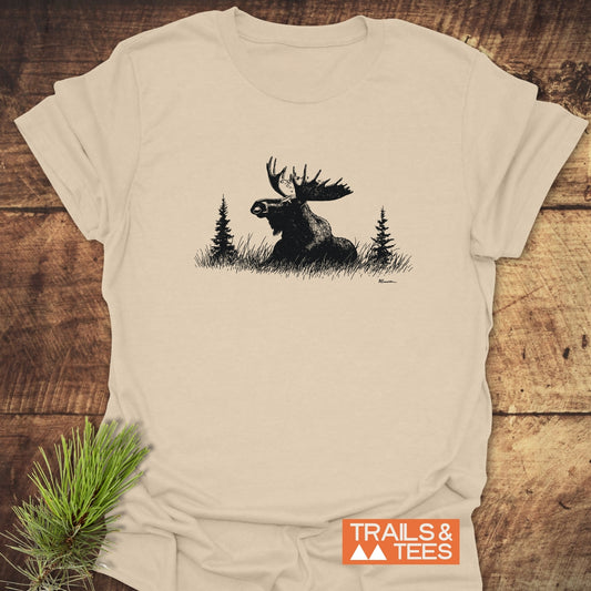 Relaxing Moose T-Shirt featuring a vintage-style moose illustration, crafted from soft, lightweight cotton for comfort and durability, perfect for outdoor enthusiasts.
