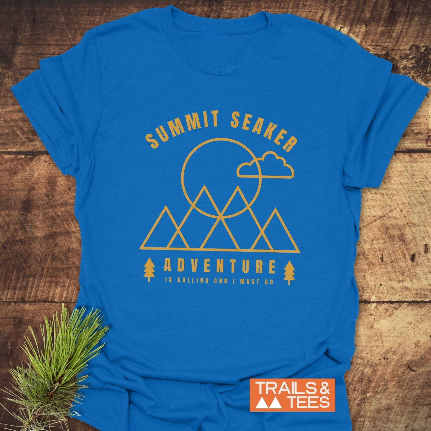 Summit Seeker T-Shirt with gold ochre mountain graphic, soft ring-spun cotton, and eco-friendly printing, ideal for outdoor enthusiasts.