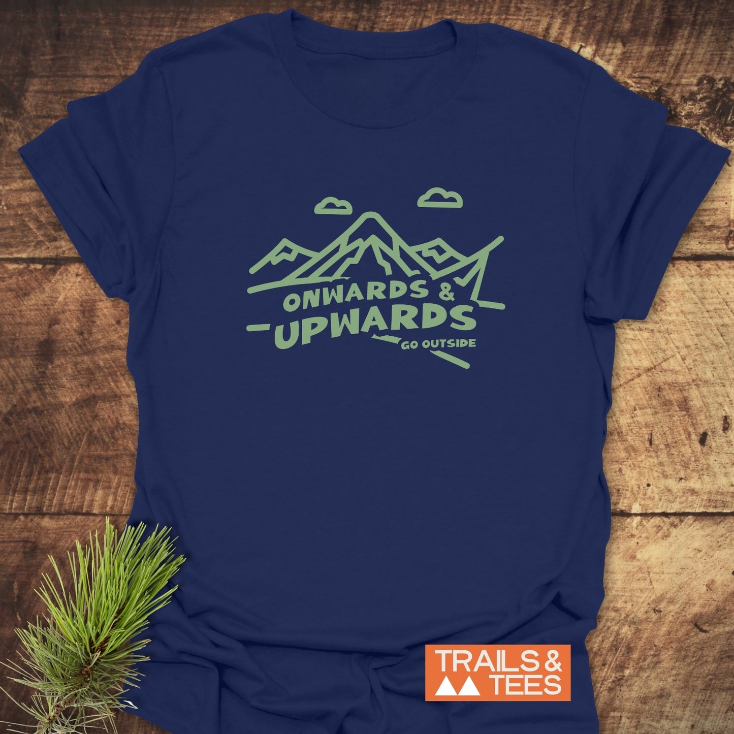 Go Outside T-Shirt: Navy blue tee featuring mountain line-art and ONWARDS & UPWARDS. Crafted from soft cotton, ideal for outdoor enthusiasts.
