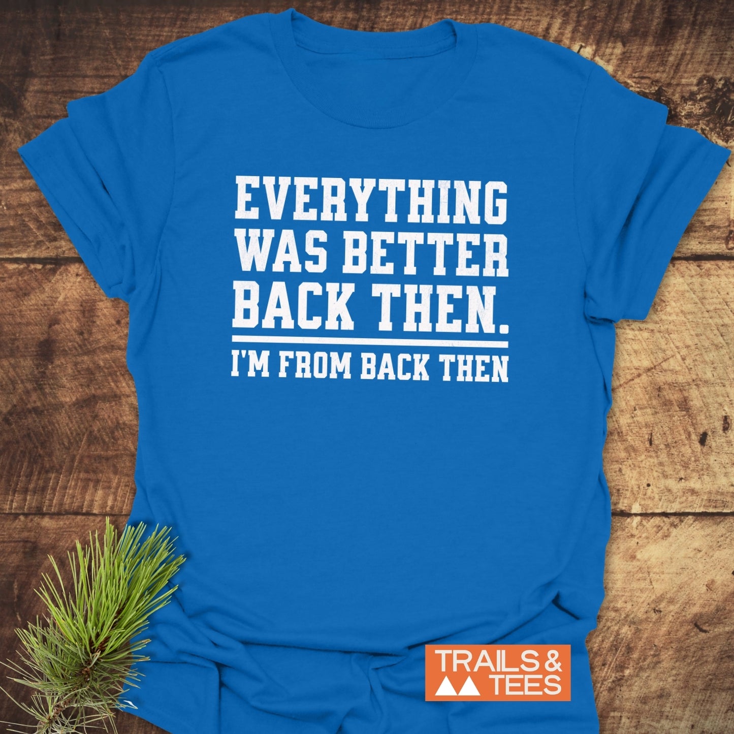 Back Then Funny T-Shirt in blue featuring bold white text, styled on rustic surface with pine sprig; embodies comfort and adventure by Trails & Tees.