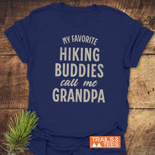 Navy-blue Hiking Grandpa T-Shirt with bold white text, small TRAILS & TEES logo, crafted from soft cotton and designed for outdoor enthusiasts.