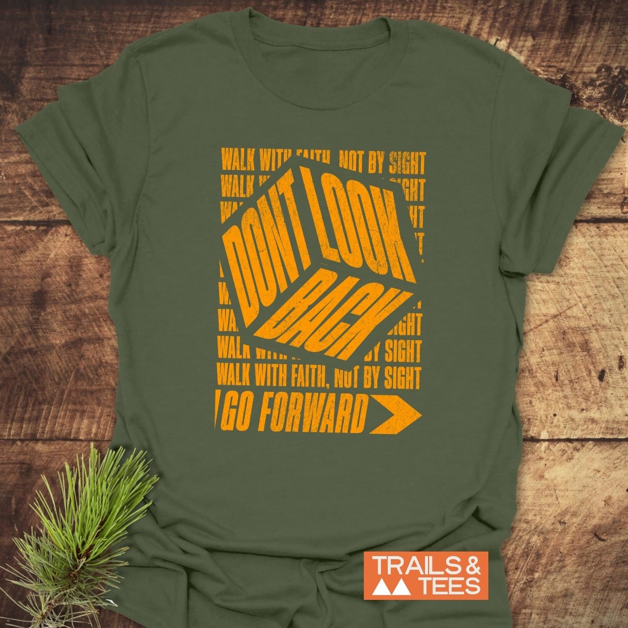 Don't Look Back T-Shirt featuring a 3D cube design and motivational phrases, crafted from soft, durable cotton for everyday outdoor adventures.