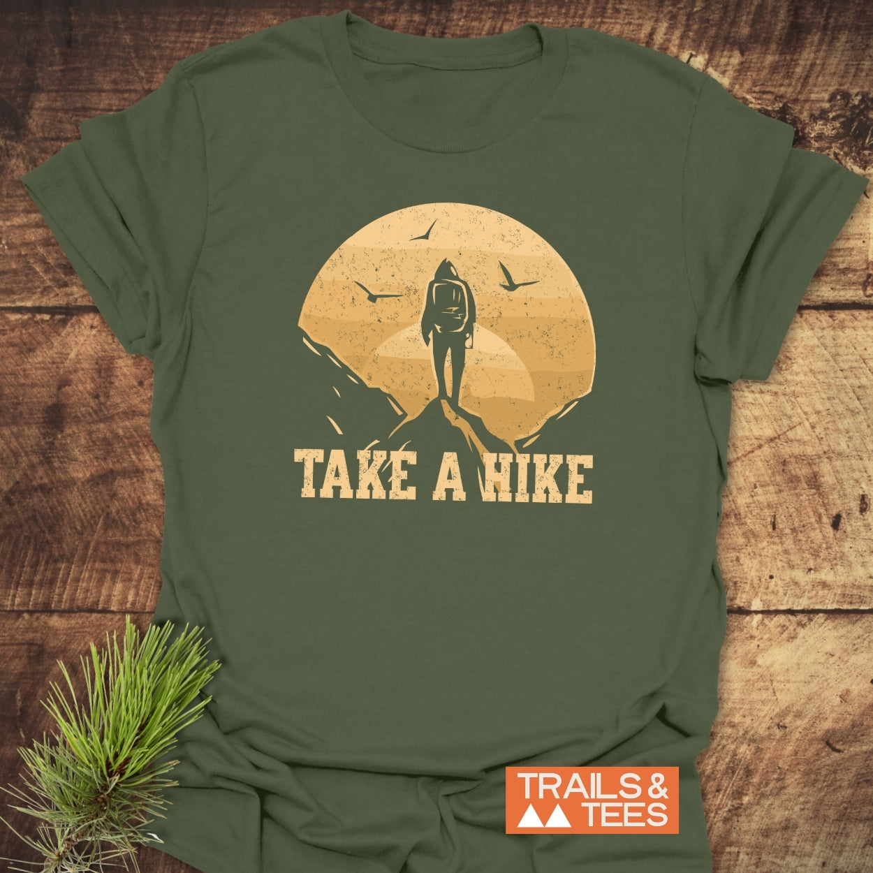 Take A Hike T-Shirt with a backpacker graphic on a summit and TAKE A HIKE slogan, laid flat on wood surface, brand label TRAILS & TEES visible.