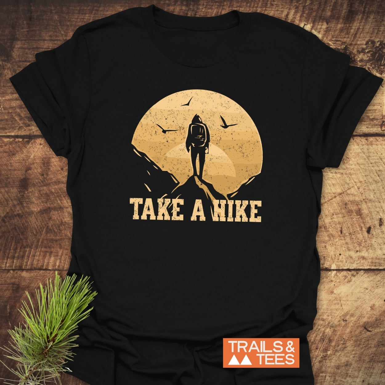 Take A Hike T-Shirt featuring a vintage hiker graphic and bold lettering on soft cotton, styled with a pine sprig, showcasing TRAILS & TEES label.