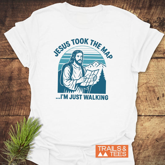Jesus Took The Map T-Shirt featuring a teal-blue graphic of a bearded figure with a map, designed for comfort and adventure.