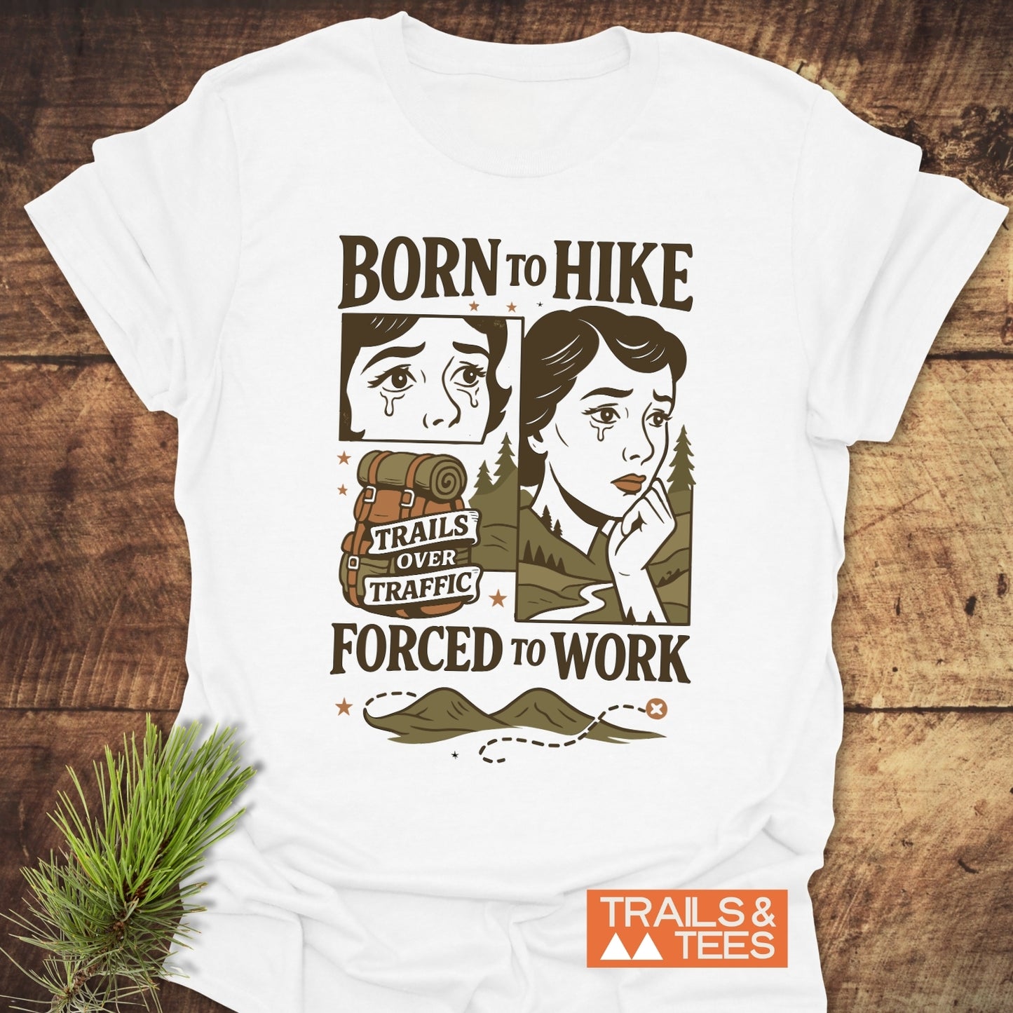 Forced To Work Funny T-Shirt with retro hiking theme, featuring pop-art faces, a backpack, and mountain illustration. Soft, durable, pre-shrunk cotton for outdoor lovers.
