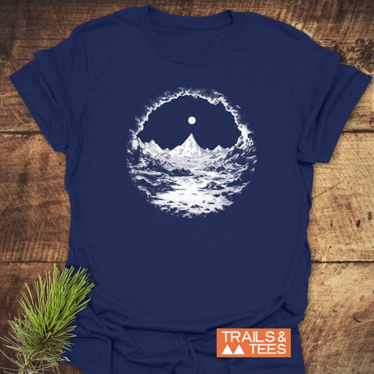 Nighttime Wandering T-Shirt displaying a moonlit mountain scene, made from soft ring-spun cotton, ideal for outdoor enthusiasts, branded by TRAILS & TEES.
