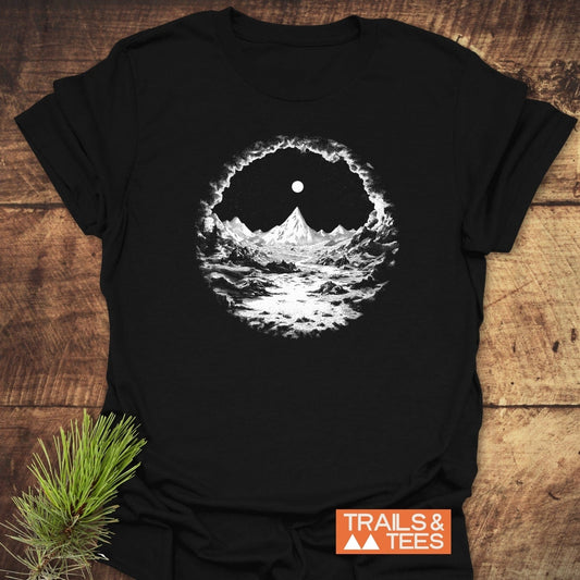 Nighttime Wandering T-Shirt with lunar landscape graphic, crafted from soft ring-spun cotton for comfort. Designed for outdoor enthusiasts, with durable prints and pre-shrunk fit.