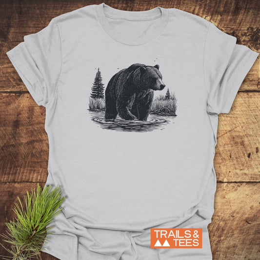 Majestic Grizzly T-Shirt with a detailed bear illustration. Soft, ring-spun cotton offers comfort for everyday adventures. Features durable DTF prints and taped shoulders for shape.
