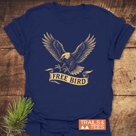 Free Bird T-Shirt featuring a vintage eagle design, crafted from soft ring-spun cotton, ideal for outdoor adventures with durable, pre-shrunk comfort.