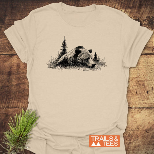 Relaxing Grizzly T-Shirt featuring a grizzly bear illustration, crafted from soft, ring-spun cotton, perfect for outdoor enthusiasts seeking comfort and style.