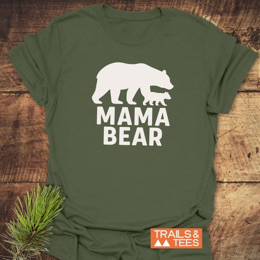 Mama Bear T-Shirt with mother bear and cub graphic, bold MAMA BEAR text, crafted from soft ring-spun cotton for comfort and durability.