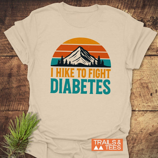 Hike To Fight Diabetes T-Shirt featuring a mountain graphic with a sunset backdrop, crafted from soft cotton for outdoor comfort and enduring style.