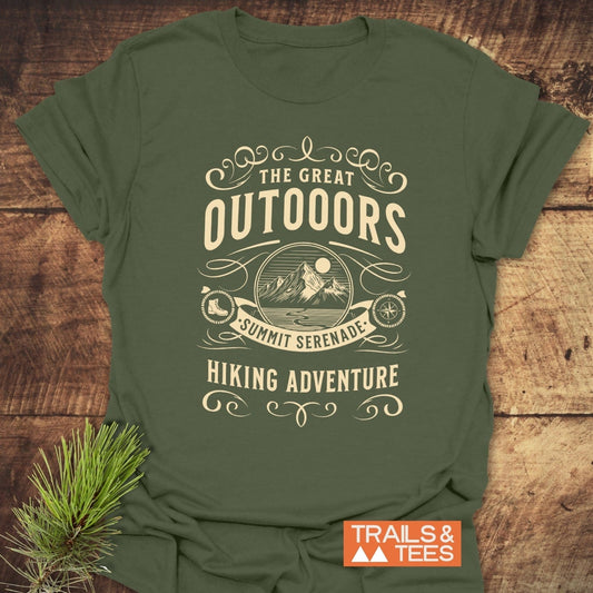 The Great Outdoors T-Shirt with vintage hiking graphic, featuring mountains, a sun, and icons. Crafted from ring-spun cotton for durable, everyday adventure wear.
