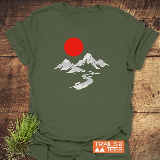 Crimson Sun T-Shirt featuring a minimalist mountain scene with a red sun, crafted from soft ring-spun cotton for everyday outdoor adventures.