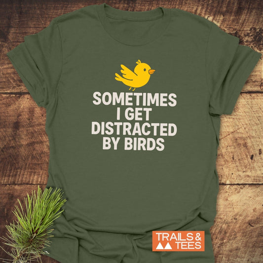 Bird Distraction Funny T-Shirt with a cartoon bird and text, featuring soft ring-spun cotton, durable prints, and no side seams for comfort.