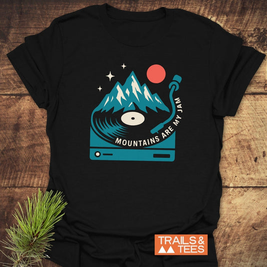 Mountains Are My Jam T-Shirt with turntable and mountain graphic, crafted from soft cotton for lasting comfort and adventure-ready style.