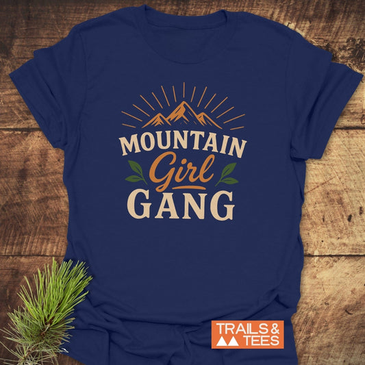 Navy Girl Gang Hiking T-Shirt featuring a mountain graphic and Mountain Girl Gang text, embodying outdoor adventure spirit.