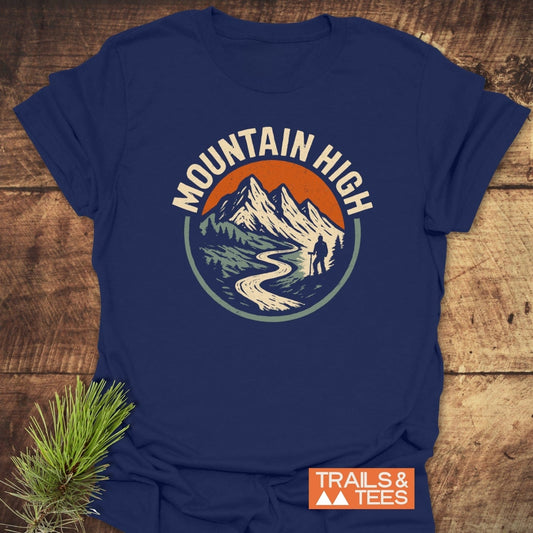 Mountain High T-Shirt featuring a vintage graphic of a river and mountains, symbolizing adventure. Made from soft, ring-spun cotton for comfort and durability.