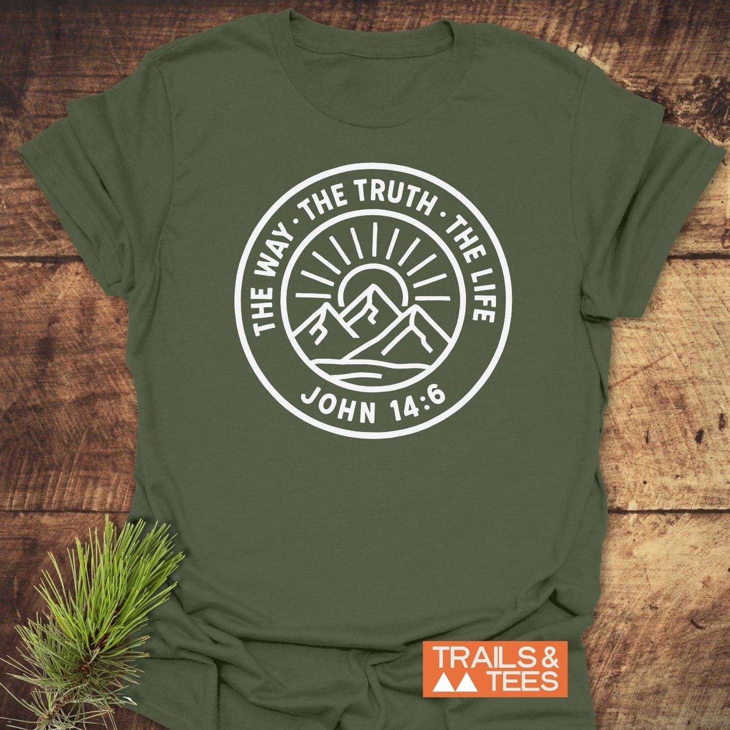 The Way, The Truth, The Life T-Shirt with mountain emblem and Bible reference, showcasing nature-inspired design on soft, lightweight cotton for outdoor enthusiasts.