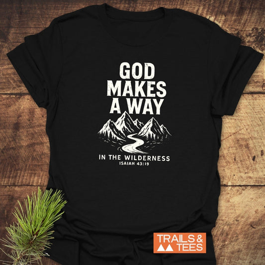 God Makes A Way T-Shirt featuring mountain graphic and verse, crafted from soft cotton, ensures comfort for outdoor adventures. Durable print, reliable fit.