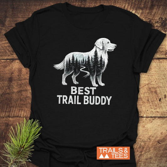 Best Trail Buddy Golden Retriever T-Shirt featuring a white dog silhouette with pine trees and trail. Soft, lightweight ring-spun cotton for everyday adventure.