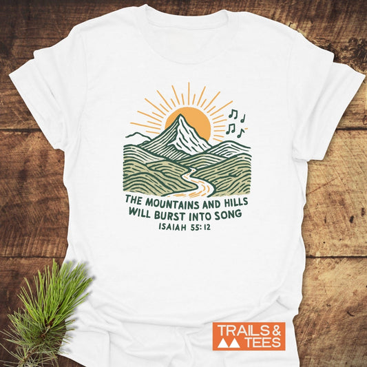 Mountains And Hills T-Shirt featuring a linocut-style mountain scene with a Bible verse, crafted from soft, lightweight cotton for everyday outdoor adventures.