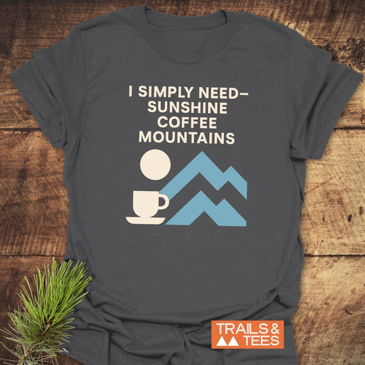 Geometric Mountain Love T-Shirt with sunshine, coffee, and mountain icons. Soft, lightweight cotton, pre-shrunk, no side seams. Ideal for outdoor enthusiasts.