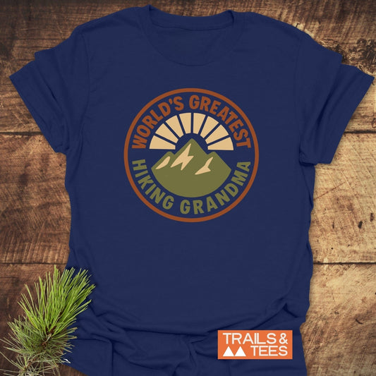 Greatest Hiking Grandma T-Shirt featuring a vintage badge with a sun and mountain design; crafted from soft cotton, perfect for outdoor adventures.