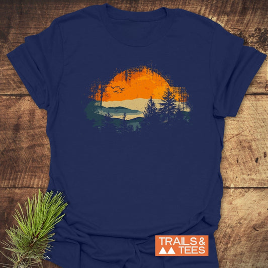 Great Smoky Mountains T-Shirt featuring a circular landscape graphic with an orange sun, hills, and trees, symbolizing outdoor adventures.