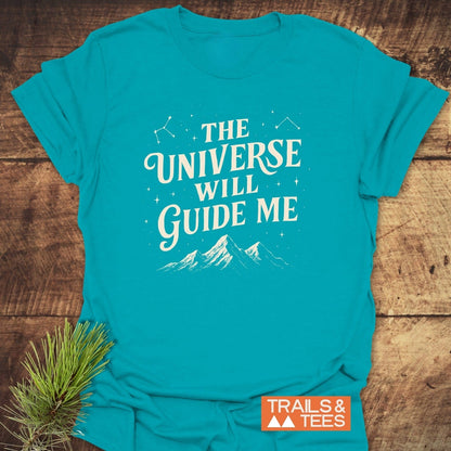 The Universe Guides Me T-Shirt features a mountain and star print, offering trail-tested comfort with its soft, lightweight cotton and durable design.