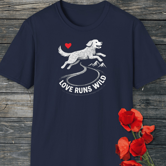 Love Runs Wild Doglover T-Shirt featuring a hand-sketched leaping dog and heart graphic, displayed on wood, with red poppies adding a natural touch.