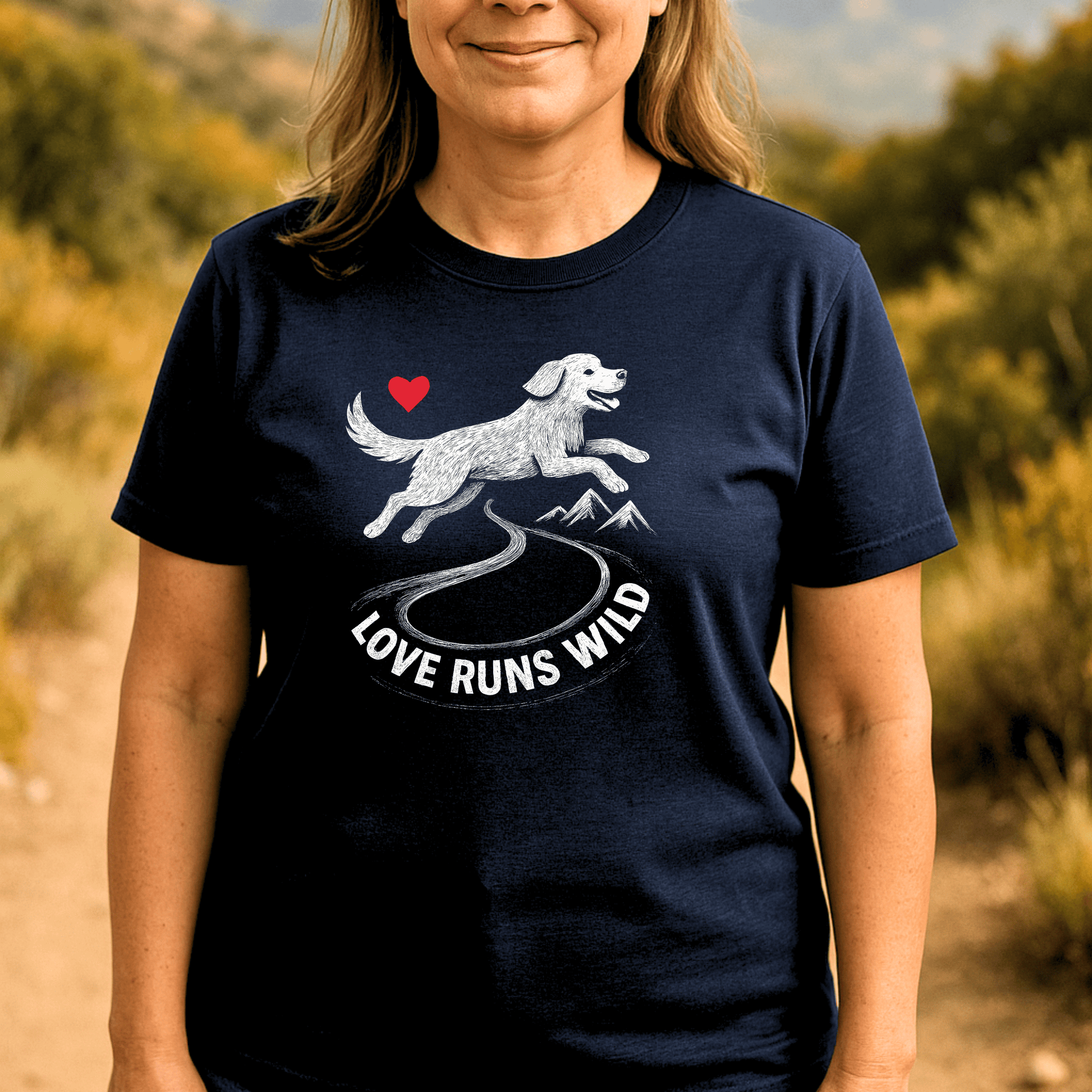 Love Runs Wild Doglover T-Shirt featuring a dog sketch with slogan, worn outdoors, showcasing its soft, durable design perfect for nature enthusiasts.