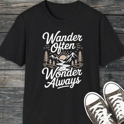 Wander Often T-Shirt with outdoor scene and slogan, paired with sneakers; crafted from ring-spun cotton for comfort and durability, pre-shrunk, printed on-demand.